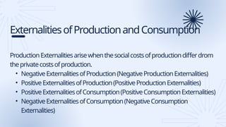 ExternalitiesofProductionandConsumption
ProductionExternalitiesarisewhenthesocialcostsofproductiondifferdrom
theprivatecostsofproduction.
• NegativeExternalitiesofProduction(NegativeProductionExternalities)
• PositiveExternalitiesofProduction(PositiveProductionExternalities)
• PositiveExternalitiesofConsumption(PositiveConsumptionExternalities)
• NegativeExternalitiesofConsumption(NegativeConsumption
Externalities)
 