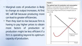 • Marginal costs of production is likely
to change as output increases. At first
MC will fall because producing more
canleadtogreaterefficiencies.
• Then they start to rise because firm is
having to pay higher prices to obtain
more factors of production or
production might be less efficient if a
firm is operating beyond its optimum
capacityofproduction.
 