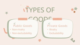 TYPES OF
GOODS
Public Goods
• Non-rivalry
• Non-excludability
Private Goods
• Rivalry
• Excludability
 