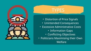 • Distortion of Price Signals
• Unintended Consequences
• Excessive Administrative Costs
• Information Gaps
• Conflicting Objectives
• Politicians Maximising their Own
Welfare
TYPES
 