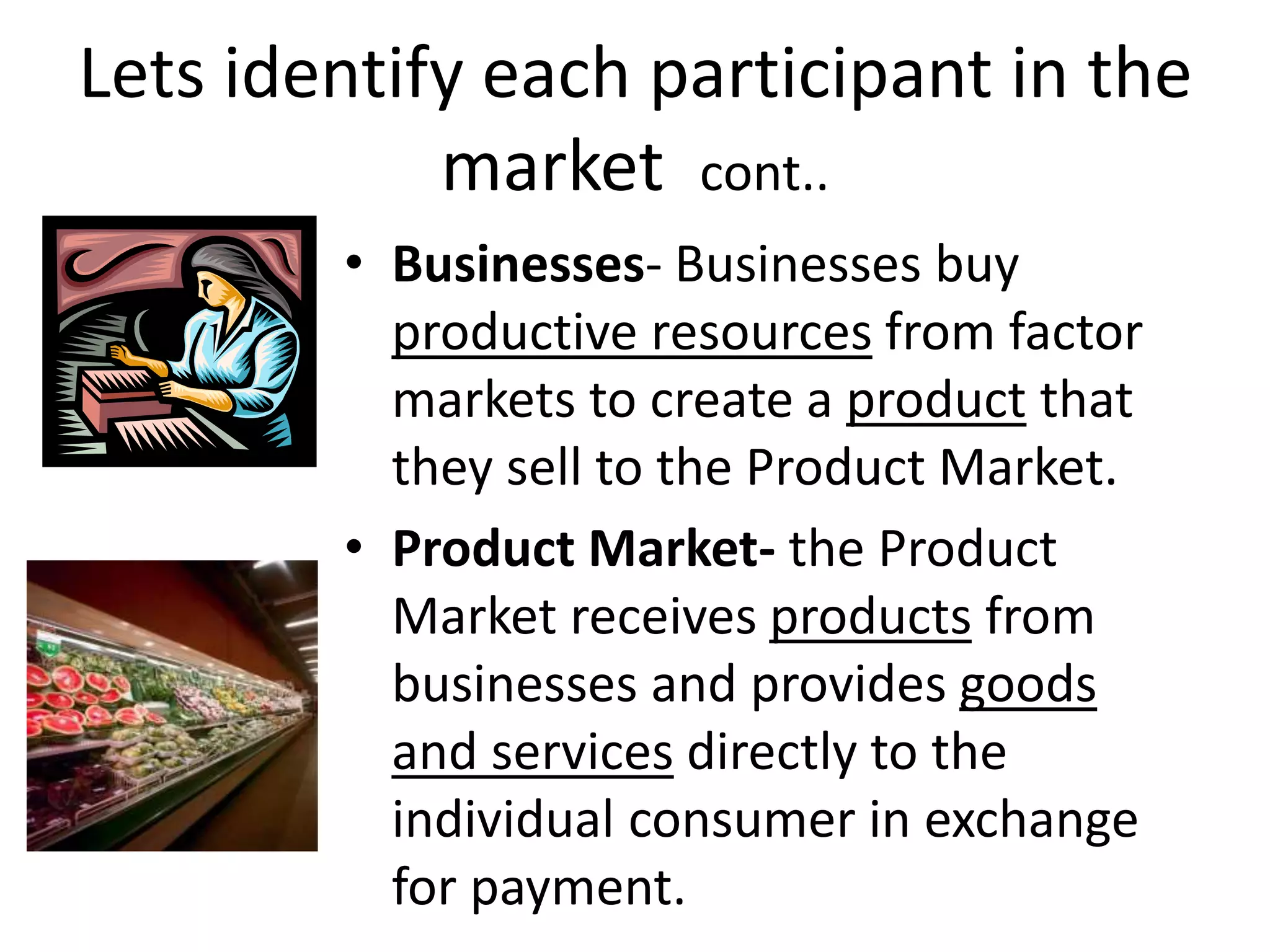 Lets identify each participant in the
market cont..
• Businesses- Businesses buy
productive resources from factor
markets to create a product that
they sell to the Product Market.
• Product Market- the Product
Market receives products from
businesses and provides goods
and services directly to the
individual consumer in exchange
for payment.
 