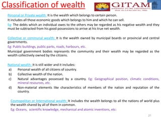 Classification of wealth
Personal or Private wealth: It is the wealth which belongs to certain person.
It includes all those economic goods which belongs to him and which he can sell.
Eg: The debts which an individual owes to the others may be regarded as his negative wealth and they
must be subtracted from his good possessions to arrive at his true net wealth.
Collective or communal wealth: It is the wealth owned by municipal boards or provincial and central
governments.
Eg: Public buildings, public parks, roads, harbours, etc.
Municipal government bodies represents the community and their wealth may be regarded as the
wealth collectively owned by the citizens.
National wealth: It is still wider and it includes:
a) Personal wealth of all citizens of country.
b) Collective wealth of the nation.
c) Natural advantages possessed by a country. Eg: Geographical position, climatic conditions,
mineral resources, etc.
d) Non-material elements like characteristics of members of the nation and reputation of the
country.
Cosmopolitan or International wealth: It includes the wealth belongs to all the nations of world plus
the wealth shared by all of them in common.
Eg: Oceans, scientific knowledge, mechanical and atomic inventions, etc:
21
 