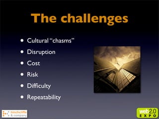 The challenges
• Cultural “chasms”
• Disruption
• Cost
• Risk
• Difﬁculty
• Repeatability
 
