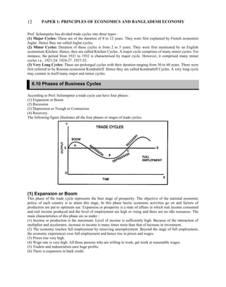 PAPER 1: PRINCIPLES OF ECONOMICS AND BANGLADESH ECONOMY
Prof. Schumpeter has divided trade cycles into three types :
(1) Major Cycles: These are of the duration of 8 to 12 years. They were first explained by French economist
Juglar. Hence Ihey are called Juglar cycles.
(2) Minor Cycles: Duration of these cycles is from 2 to 5 years. They were first mentioned by an English
economists Kitchen. Hence, they are called Kitchen Cycles. A major cycle comprises of many minor cycles. For
instance, the period from 1921 to 1932 is characterised by major cycle. However, it comprised many minor
cycles i.e.. 1921-24. 1924-27. 1927-32.
(3) Very Long Cycles: These are prolonged cycles with their duration ranging from 50 to 60 years. There were
first referred to by Russian economist Kondratleff. Hence they are called Kondratleff Cycles. A very long cycle
may contain in itself many major and minor cycles.
According to Prof. Schumpeter a trade cycle can have four phases :
(1) Expansion or Boom
(2) Recession
(3) Depression or Trough or Contraction
(4) Recovery
The following figure illustrates all the four phases or stages of trade cycles:
(1) Expansion or Boom
This phase of the trade cycle represents the best stage of prosperity. The objective of the national economic
policy of each country is to attain this stage. In this phase hectic economic activities go on and factors of
production are put to optimum use. Expansion or prosperity is a state of affairs in which real income consumed
and real income produced and the level of employment are high or rising and there are no idle resources. The
main characteristics of this phase are as under :
(1) Income or production is the maximum. Level of income is sufficiently high. Because of the interaction of
multiplier and accelerator, increase in income is many times more than that of increase in investment.
(2) The economy reaches full employment by removing unemployment. Beyond the stage of full employment,
the economy experiences over full employment and hence rise in prices and wages.
(3) Prices rise very high.
(4) Wage rate is very high. All those persons who are willing to work, get work at reasonable wages.
(5) Traders and industrialists earn huge profits.
(6) There is expansion in bank credit.
12
6.10 Phases of Business Cycles
 