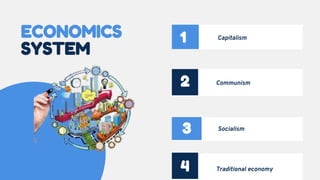 ECONOMICS
SYSTEM
1
2
3
Capitalism
Communism
Socialism
4 Traditional economy
 