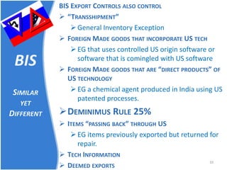 BIS SIMILAR YET DIFFERENT 
BIS EXPORT CONTROLS ALSO CONTROL 
 
“TRANSSHIPMENT” 
 
General Inventory Exception 
 
FOREIGN MADE GOODS THAT INCORPORATE US TECH 
 
EG that uses controlled US origin software or software that is comingled with US software 
 
FOREIGN MADE GOODS THAT ARE “DIRECT PRODUCTS” OF US TECHNOLOGY 
 
EG a chemical agent produced in India using US patented processes. 
 
DEMINIMUS RULE 25% 
 
ITEMS “PASSING BACK” THROUGH US 
 
EG items previously exported but returned for repair. 
 
TECH INFORMATION 
 
DEEMED EXPORTS 10 
 