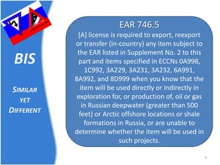 BIS SIMILAR YET DIFFERENT 6 
EAR 746.5 [A] license is required to export, reexport or transfer (in-country) any item subject to the EAR listed in Supplement No. 2 to this part and items specified in ECCNs 0A998, 1C992, 3A229, 3A231, 3A232, 6A991, 8A992, and 8D999 when you know that the item will be used directly or indirectly in exploration for, or production of, oil or gas in Russian deepwater (greater than 500 feet) or Arctic offshore locations or shale formations in Russia, or are unable to determine whether the item will be used in such projects.  
