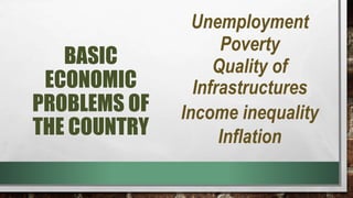 BASIC
ECONOMIC
PROBLEMS OF
THE COUNTRY
Unemployment
Poverty
Quality of
Infrastructures
Income inequality
Inflation
 
