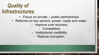 • Focus on private – public partnerships.
• Reforms on key sectors: power, roads and water.
- Improve cost recovery
- Competition
- Institutional credibility
- Reduce corruption.
Quality of
Infrastructures
 