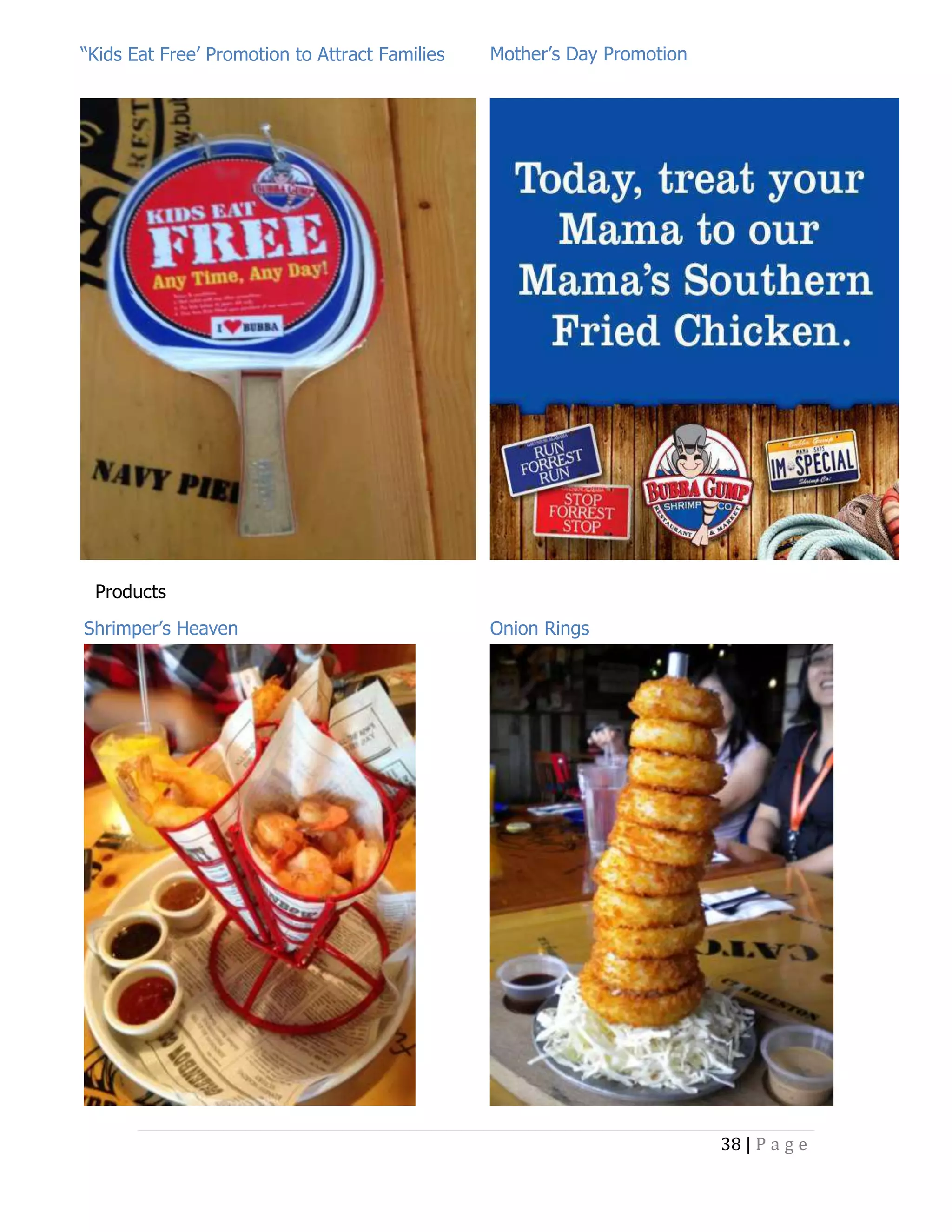 “Kids Eat Free’ Promotion to Attract Families

Mother’s Day Promotion

Products
Shrimper’s Heaven

Onion Rings

38 | P a g e

 