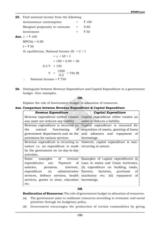 STUDYmate

25. Find national income from the following
    Autonomous consumption                 =         ` 100
    Marginal propensity to consume         =         0.80
    Investment                             =         ` 50
Ans. c = ` 100
    MPC(b) = 0.80
    I = ` 50
    At equilibrium, National Income (Y) = C + I
                           = c + bY + I
                           = 100 + 0.8Y + 50
                   0.2 Y   = 150
                            1500
                       Y   =      = 750 (`)
                             0.2
         National Income = ` 750


26. Distinguish between Revenue Expenditure and Capital Expenditure in a government
    budget. Give examples.
                                            OR
    Explain the role of Government budget in allocation of resources.
Ans. Comparison between Revenue Expenditure & Capital Expenditure
              Revenue Expenditure                        Capital Expenditure
      Revenue expenditure neither creates       Capital expenditure either creates an
      any asset nor reduces any liability       asset or reduces a liability.
      Revenue expenditure is incurred on        Capital expenditure is incurred for
      the      normal      functioning     of   acquisition of assets, granting of loans
      government departments and on the         and advances and repayment of
      provisions for various services           borrowings.
      Revenue expenditure is recurring in       However, capital expenditure is non-
      nature i.e. an expenditure is made        recurring in nature.
      by the government on its day-to-day
      activities.
      Some        examples     of    revenue    Examples of capital expenditures (i)
      expenditures     are:    Payment     of   Loan to states and Union territories;
      salaries,      pensions,     interests,   (ii) expenditure on building roads,
      expenditure      on     administrative    flyovers,  factories, purchase     of
      services, defence services, health        machinery etc; (iii) repayment of
      services, grants to state, education      borrowings.
      etc.
                                            OR
    Reallocation of Resources: The role of government budget in allocation of resources.
    (a)   The government aims to reallocate resources according to economic and social
          priorities through its budgetary policy.
    (b)   Government encourages the production of certain commodities by giving

                                            -(15)-
 