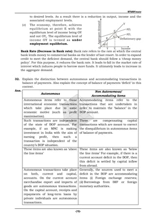 STUDYmate

           to desired levels. As a result there is a reduction in output, income and the
           associated employment levels.




                                                             Aggregate demand
     (v)   The economy, therefore, achieves                                                  Y
           equilibrium at point E with the                                                       ADf
                                                                                      F
           equilibrium level of income being OY
                                                                                                 ADc
           and not OYf. The equilibrium level of                                      A
                                                                                 E         Deflationary gap
           income OY is termed as under
           employment equilibrium.                                              45°
                                                                   O              Y   Yf    Income
    Bank Rate (Decrease in Bank rate): Bank rate refers to the rate at which the central
    bank lends money to commercial banks as the lender of last resort. In order to expand
    credit to meet the deficient demand, the central bank should follow a ‘cheap money
    policy’. For this purpose, it reduces the bank rate. It leads to fall in the market rate of
    interest which induces people to borrow more funds. It ultimately leads to increase in
    the aggregate demand.


32. Explain the distinction between autonomous and accommodating transactions in
     balance of payments. Also explain the concept of balance of payments ‘deficit’ in this
     context.
Ans.                                                     Non Autonomous/
                   Autonomous
                                                      Accommodating items
      Autonomous items refer to those Accommodating items refer to the
      international economic transactions transactions that are undertaken in
      which take place due to some order to maintain the ‘balance’ in the
      economic motive (such as profit BOP account.
      maximisation).
      Such transactions are independent These           are   compensating      capital
      of the state of BOP account. For transactions which are meant to correct
      example, if an MNC is making the disequilibrium in autonomous items
      investment in India with the aim of of balance of payments.
      earning     profit, then   such     a
      transaction is independent of the
      country’s BOP situation.
      These items are also known as ‘above These items are also known as ‘below
      the line items’                        the line items’ For example, if there is a
                                             current account deficit in the BOP, then
                                             this deficit is settled by capital inflow
                                             from abroad.
      Autonomous transactions take place Generally, the sources used to meet a
      on both, current and capital, deficit in the BOP are accommodating
      accounts. On the current account items (i) Foreign exchange reserves;
      merchandise export and imports of (ii) Borrowings from IMF or foreign
      goods are autonomous transactions. monetary authorities.
      On the capital account, receipts and
      repayments of long-term loans by
      private individuals are autonomous
      transactions.

                                             -(19)-
 
