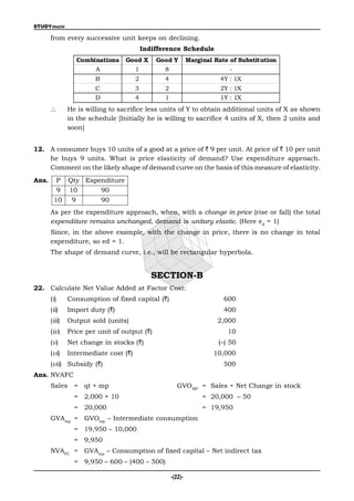 STUDYmate

       from every successive unit keeps on declining.
                                           Indifference Schedule
                  Combinations    Good X       Good Y          Marginal Rate of Substitution
                       A            1            8                           -
                        B              2          4                       4Y : 1X
                        C              3          2                       2Y : 1X
                        D              4          1                       1Y : 1X
              He is willing to sacrifice less units of Y to obtain additional units of X as shown
               in the schedule [Initially he is willing to sacrifice 4 units of X, then 2 units and
               soon]


12. A consumer buys 10 units of a good at a price of ` 9 per unit. At price of ` 10 per unit
    he buys 9 units. What is price elasticity of demand? Use expenditure approach.
    Comment on the likely shape of demand curve on the basis of this measure of elasticity.
Ans.     P Qty Expenditure
         9 10      90
        10 9       90
       As per the expenditure approach, when, with a change in price (rise or fall) the total
       expenditure remains unchanged, demand is unitary elastic. (Here ed = 1)
       Since, in the above example, with the change in price, there is no change in total
       expenditure, so ed = 1.
       The shape of demand curve, i.e., will be rectangular hyperbola.


                                              SECTION-B
22. Calculate Net Value Added at Factor Cost:
       (i)     Consumption of fixed capital (`)                            600
       (ii)    Import duty (`)                                             400
       (iii)   Output sold (units)                                       2,000
       (iv)    Price per unit of output (`)                                 10
       (v)     Net change in stocks (`)                                  (–) 50
       (vi)    Intermediate cost (`)                                   10,000
       (vii) Subsidy (`)                                                   500
Ans. NVAFC
       Sales     = qt × mp                              GVOMP = Sales + Net Change in stock
                 = 2,000 × 10                                       = 20,000 – 50
                 = 20,000                                           = 19,950
       GVAmp = GVOmp – Intermediate consumption
                 = 19,950 – 10,000
                 = 9,950
       NVAFC = GVAmp – Consumption of fixed capital – Net indirect tax
                 = 9,950 – 600 – (400 – 500)

                                                      -(22)-
 