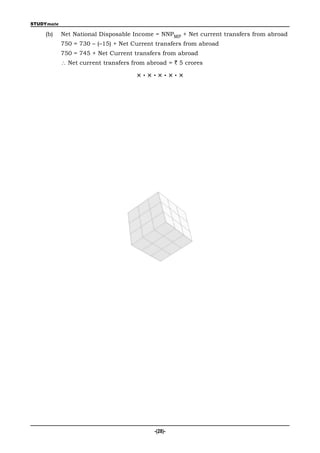 STUDYmate

    (b)     Net National Disposable Income = NNPMP + Net current transfers from abroad
            750 = 730 – (–15) + Net Current transfers from abroad
            750 = 745 + Net Current transfers from abroad
             Net current transfers from abroad = ` 5 crores

                                     ×·×·×·×·×




                                           -(28)-
 
