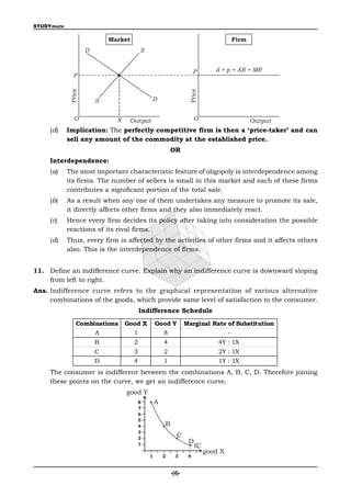 STUDYmate

                             Market                                                   Firm
                     D                     S


                                                                        P       d = p = AR = MR
               P
             Price




                                                                     Price
                         S                     D


               O               X      Output                            O                    Output
     (d)    Implication: The perfectly competitive firm is then a ‘price-taker’ and can
            sell any amount of the commodity at the established price.
                                                           OR
     Interdependence:
     (a)    The most important characteristic feature of oligopoly is interdependence among
            its firms. The number of sellers is small in this market and each of these firms
            contributes a significant portion of the total sale.
     (b)    As a result when any one of them undertakes any measure to promote its sale,
            it directly affects other firms and they also immediately react.
     (c)    Hence every firm decides its policy after taking into consideration the possible
            reactions of its rival firms.
     (d)    Thus, every firm is affected by the activities of other firms and it affects others
            also. This is the interdependence of firms.


11. Define an indifference curve. Explain why an indifference curve is downward sloping
    from left to right.
Ans. Indifference curve refers to the graphical representation of various alternative
     combinations of the goods, which provide same level of satisfaction to the consumer.
                                           Indifference Schedule
                Combinations       Good X          Good Y          Marginal Rate of Substitution
                     A               1               8                           -
                         B             2               4                         4Y : 1X
                         C             3               2                         2Y : 1X
                         D             4               1                         1Y : 1X
     The consumer is indifferent between the combinations A, B, C, D. Therefore joining
     these points on the curve, we get an indifference curve.
                                   good Y
                                           8       A
                                           7
                                           6
                                           5
                                           4           B
                                           3
                                           2                  C
                                           1
                                                                    D
                                                                        IC
                                                                             good X
                                               1       2     3      4


                                                           -(4)-
 