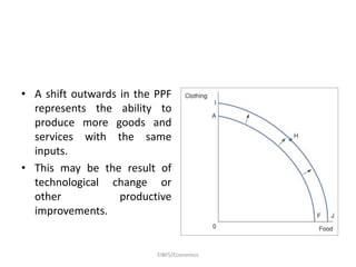 • A shift outwards in the PPF
represents the ability to
produce more goods and
services with the same
inputs.
• This may be the result of
technological change or
other productive
improvements.
EIBFS/Economics
 