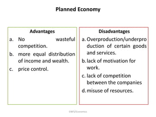 Planned Economy
Advantages
a. No wasteful
competition.
b. more equal distribution
of income and wealth.
c. price control.
Disadvantages
a.Overproduction/underpro
duction of certain goods
and services.
b.lack of motivation for
work.
c. lack of competition
between the companies
d.misuse of resources.
EIBFS/Economics
 