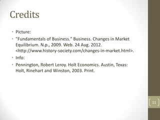 Credits
• Picture:
• "Fundamentals of Business." Business. Changes in Market
  Equilibrium. N.p., 2009. Web. 24 Aug. 2012.
  <http://www.history-society.com/changes-in-market.html>.
• Info:
• Pennington, Robert Leroy. Holt Economics. Austin, Texas:
  Holt, Rinehart and Winston, 2003. Print.




                                                             11
 