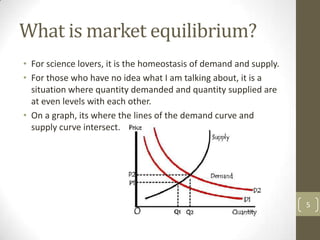 What is market equilibrium?
• For science lovers, it is the homeostasis of demand and supply.
• For those who have no idea what I am talking about, it is a
  situation where quantity demanded and quantity supplied are
  at even levels with each other.
• On a graph, its where the lines of the demand curve and
  supply curve intersect.




                                                                    5
 