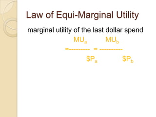 Law of Equi-Marginal Utility
marginal utility of the last dollar spend
MUa
MUb
=--------- = ---------$Pa
$Pb

 