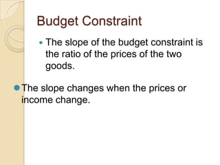Budget Constraint


The slope of the budget constraint is
the ratio of the prices of the two
goods.

The slope changes when the prices or
income change.

 