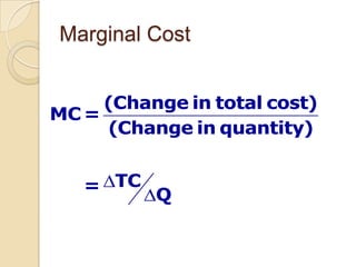 Marginal Cost
(Change in total cost)
MC =
(Change in quantity)
= TC

Q

 