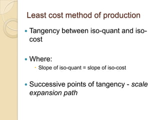Least cost method of production


Tangency between iso-quant and isocost



Where:
 Slope of iso-quant = slope of iso-cost



Successive points of tangency - scale
expansion path

 