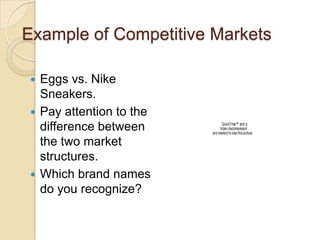 Example of Competitive Markets
Eggs vs. Nike
Sneakers.
 Pay attention to the
difference between
the two market
structures.
 Which brand names
do you recognize?


QuickTime™ and a
Video decompressor
are needed to see this picture.

 