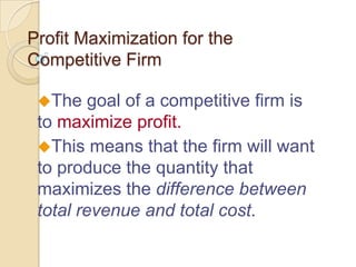 Profit Maximization for the
Competitive Firm
The

goal of a competitive firm is
to maximize profit.
This means that the firm will want
to produce the quantity that
maximizes the difference between
total revenue and total cost.

 