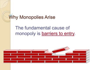 Why Monopolies Arise
The fundamental cause of
monopoly is barriers to entry.

 