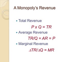 A Monopoly’s Revenue


Total Revenue

P x Q = TR


Average Revenue

TR/Q = AR = P


Marginal Revenue

TR/ Q = MR

 