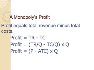 A Monopoly’s Profit

Profit equals total revenue minus total
costs.

Profit = TR - TC
Profit = (TR/Q - TC/Q) x Q
Profit = (P - ATC) x Q

 