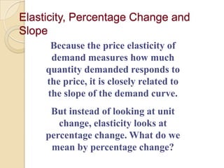 Elasticity, Percentage Change and
Slope
Because the price elasticity of
demand measures how much
quantity demanded responds to
the price, it is closely related to
the slope of the demand curve.
But instead of looking at unit
change, elasticity looks at
percentage change. What do we
mean by percentage change?

 