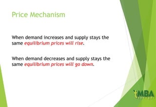 Price Mechanism
When demand increases and supply stays the
same equilibrium prices will rise.
When demand decreases and supply stays the
same equilibrium prices will go down.
 