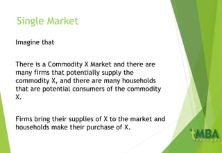 Single Market
Imagine that
There is a Commodity X Market and there are
many firms that potentially supply the
commodity X, and there are many households
that are potential consumers of the commodity
X.
Firms bring their supplies of X to the market and
households make their purchase of X.
 