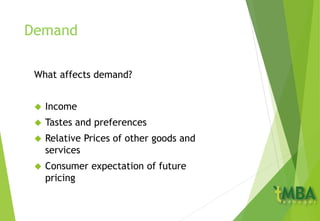Demand
What affects demand?
 Income
 Tastes and preferences
 Relative Prices of other goods and
services
 Consumer expectation of future
pricing
 