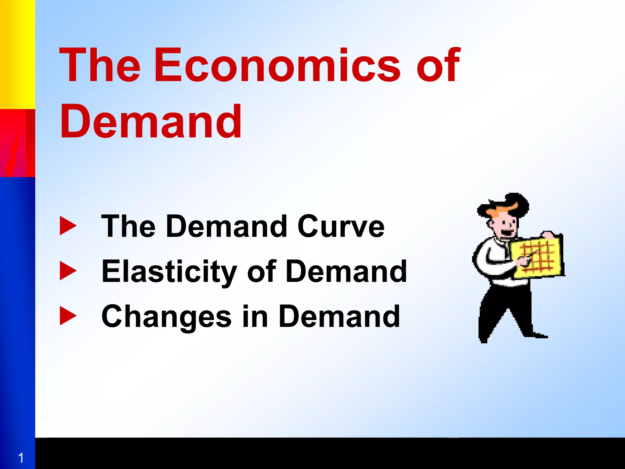 1
The Economics of
Demand
 The Demand Curve
 Elasticity of Demand
 Changes in Demand
 