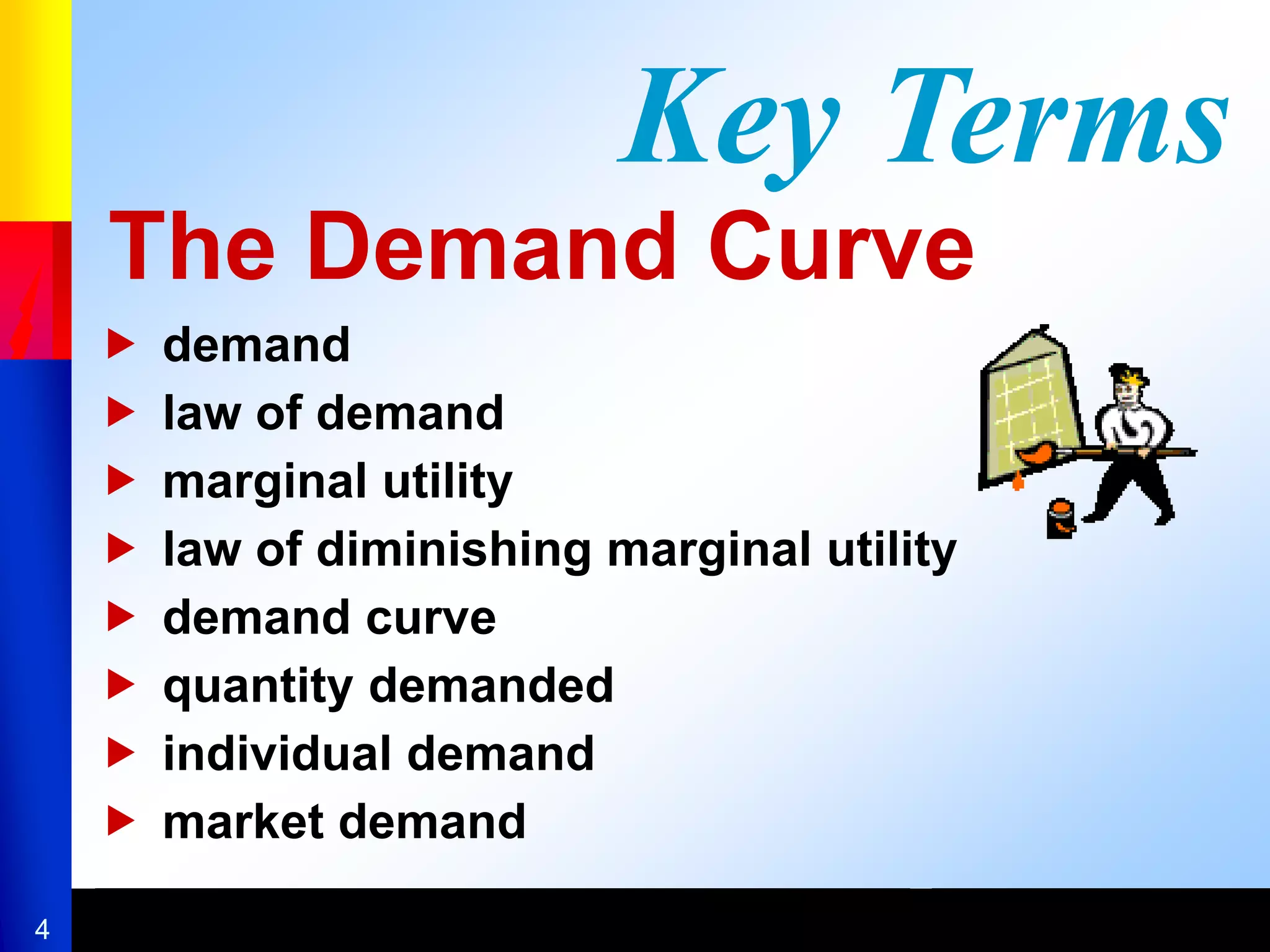 4
The Demand Curve
 demand
 law of demand
 marginal utility
 law of diminishing marginal utility
 demand curve
 quantity demanded
 individual demand
 market demand
Key Terms
 