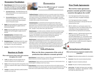 Economics Vocabulary
                                                                                                Economics
       Natural Resource: Natural Resources are products                                                                                                          Free Trade Agreements
        of the earth that people use to meet their needs. Ex:
        trees, plants, soil, water, oil, natural gas. Natural                               What are the different types of   economic 
        resources can be renewable and nonrenewable.                                                        systems?                                              How do free trade agreements 
                                                                                                                                                                promote economic growth in many 
    •      Renewable Resource: Renewable Resources are
           those resources that can be renewed quickly and                                                                                                      countries throughout the world? 
           naturally replaced.                                   Traditional Economy: A traditional economy is an economic system that is based on
                                                                 customs and traditions handed down from generations. The barter system is common           •    Free Trade Agreements (FTAs) help companies
    •      Nonrenewable Resource: nonrenewable                   in this type of economy. Poor developing nations fall into this category. The people            compete more easily in the global marketplace.
           resources are limited in the earth. Once these        who participate in a traditional economy are not so much interested in making money
           resources are used the earth cannot produce           or wealth rather survival is the main necessity.                                           •    Free Trade Agreements help to strengthen
           more for thousands of years.                                                                                                                          businesses by eliminating or reducing tariff rates and
                                                                 Command Economy: In a Command economy the government makes all the                              easing investment rules.
       Export: Consumer goods that are created in excess        economic decision. A command economy can usually be found in total controlled
        and can be trade and sold on a global market to          governments such as communist countries. Here the government controls what is
                                                                                                                                                            •    FTA: The 1989 the U.S. and Canada created a Free
        build economic growth.                                   produced or grown, how much can be consumed, and the price at which items will be
                                                                                                                                                                 Trade Agreement (FTA). This allowed Canada and the
                                                                 sold. Examples: former Soviet Union, Cuba, North Korea
       Import: Consumer goods that are cannot be created                                                                                                        United States to freely exchange products and
        in excess and must be bought to supply consumer          Market Economy: In a market economy, individuals make their own decision of what                reduced tariffs thus lowering the cost of products.
        demand.                                                  to produce, how to produce, and what goods and services will be provided. People
                                                                 are free to exchange goods and services without government involvement and                 •    NAFTA: On January 1, 1994 the North American Free
       Developed Country: A developed country                                                                                                                   Trade Agreement (NAFTA) was written. This
                                                                 regulation. This economy is driven by consumer demand and supply and
        understands the cycle of production and is able to                                                                                                       document allowed Mexico, U.S., and Canada to trade
                                                                 entrepreneurship is encouraged but success is not guaranteed.
        balance all three essential components of
                                                                                                                                                                 services and goods freely without having to pay extra
        production increasing wealth and trade.
                                                                 Mixed Economy: A mixed economy is a combination of many types of economic                       taxes called tariffs. This agreement touched off a
       Developing County: A developing country has a poor       systems. Most strong developed economies have a mixed economy that share to a                   dramatic increase in trade and economic integration
        or weak economy. This type of country struggles to       small extent a mixture of traditional values, command/government control, and a                 in the Northern Hemisphere.
                                                                 free market economy. To the world the United States is a market economy but to
        find a balance in the cycle of production.
                                                                 citizens of America we have a mixed economy. Our government does place certain
       Currency : A country’s form of money or cash.            restricts on how, when, and how much we are allowed to buy and produce but
                                                                 citizens have the freedom of choice.
                                                                                             Cycle of Production                                                   Driving Factors of Production

                                                                                                                                                            What are the necessary components needed to drive
                Barriers to Trade                                       What are the three components of the cycle of 
                                                                                                                                                                               production?
                                                                         production that influence economic growth?
What trade barriers limit trade with countries 
                                                                                                                                                            •    Producers: those who produce products for consumption.
           throughout the world?               Natural Resource: A natural resource is a resource that is naturally produced by our Earth.

       Tariffs: tax added to the price of goods that are
                                                                Natural resources can be both renewable and non-renewable.                                  •    Consumers: those who consume produced products.
        imported making the price of products go up.            Capitol Resource: Capital resources are the tools that help turn a natural product into a   •    Supply: The amount of products produced.
                                                                consumer good. Ex: Bulldozer, Semi-Truck, Factory
       Quota: A limit on how many items and quantity can be
                                                                                                                                                            •    Demand: The want or need for produced products.
        imported or exported. When supply is limited price will Human Resource: A human resource is the work force that uses the capitol resources
        go up.                                                  (tools) to turn products into consumer goods. You must have an educated work force that
                                                                                                                                                            •    Literacy Rate: The higher the literacy rate is the higher
                                                                knows how to use the capitol resource correctly in order to produce a consumer good.             the production. Low literacy = low production. Canada
       Embargo: A complete trade block usually for political                                                                                                    and Europe have high literacy rates.
        purpose such as war time.
 