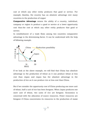 cost at which any other entity produces that good or service. For
example; Zambia, the country has an absolute advantage over many
countries in the production of copper
Comparative Advantage means the ability of a country, individual,
company or region to produce a good or service at a lower opportunity
cost than the cost at which any other entity produces that good or
service.
In establishment of a trade flows among two countries comparative
advantage is the determining factor. It can be understood with the help
of following example.



   30         China       Production possibility
 W
 H
 E 20                   Japan
 E
 T


             20         30
            RICE

If we look at the above example, we will find that China has absolute
advantage in the production of wheat as it can produce wheat at less
cost than Japan and Japan has the absolute advantage in the
production of rice as it can produce rice at less cost than China.


But if we consider the opportunity cost of China producing one more unit
of wheat, half a unit of rice has been foregone. When Japan produces one
more unit of wheat, two units of rice are foregone. Economics is
concerned with the allocation of scarce resources. Fewer resources are
foregone if China concentrates its resources in the production of maize



                                        §
                                    2
 