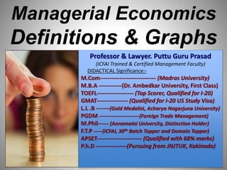Managerial Economics
Definitions & Graphs
Professor & Lawyer. Puttu Guru Prasad
(ICFAI Trained & Certified Management Faculty)
DIDACTICAL Significance:-
M.Com----------------------------- (Madras University)
M.B.A ------------(Dr. Ambedkar University, First Class)
TOEFL------------------- (Top Scorer, Qualified for I-20)
GMAT---------------- (Qualified for I-20 US Study Visa)
L.L .B -------(Gold Medalist, Acharya Nagarjuna University)
PGDM -----------------------(Foreign Trade Management)
M.Phil------ (Annamalai University, Distinction Holder)
F.T.P -----(ICFAI, 30th Batch Topper and Domain Topper)
APSET----------------------- (Qualified with 68% marks)
P.h.D ----------------(Pursuing from JNJTUK, Kakinada)
 