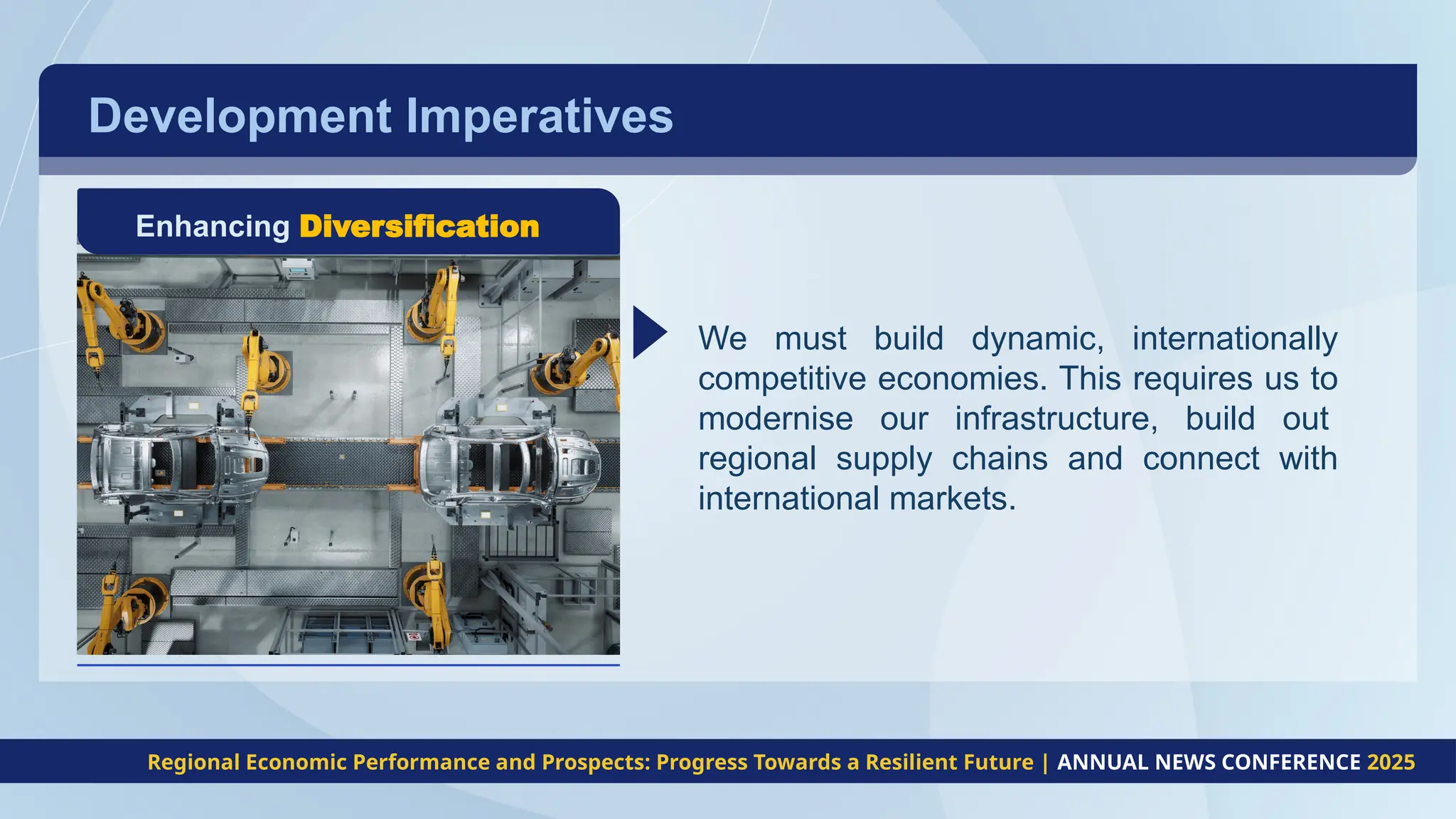 Development Imperatives
Enhancing Diversification
We must build dynamic, internationally
competitive economies. This requires us to
modernise our infrastructure, build out
regional supply chains and connect with
international markets.
Regional Economic Performance and Prospects: Progress Towards a Resilient Future | ANNUAL NEWS CONFERENCE 2025
 