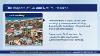 The Impacts of CC and Natural Hazards
Hurricane Beryl
Hurricane Beryl's impact in July 2024
had varying consequences including
disruptions to agricultural production and
cruise call cancellations.
Grenada and St. Vincent and the
Grenadines also experienced
substantial infrastructural damage.
Regional Economic Performance and Prospects: Progress Towards a Resilient Future | ANNUAL NEWS CONFERENCE 2025
Image: OSV News/ Reuters/ Arthur Daniel
 
