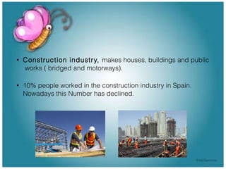 •

Construction industr y, makes houses, buildings and public
works ( bridged and motorways).

•

10% people worked in the construction industry in Spain.
Nowadays this Number has declined.

 