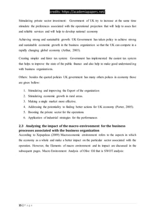 credits: https://academiapapers.net/
15 | P a g e
Stimulating private sector investment: Government of UK try to increase at the same time
stimulate the preferences associated with the operational projection that will help to asses fast
and reliable services and will help to develop national economy
Achieving strong and sustainable growth: UK Government has taken policy to achieve strong
and sustainable economic growth in the business organization so that the UK can compete in a
rapidly changing global economy (Arthur, 2003).
Creating simpler and fairer tax system: Government has implemented the easiest tax system
that helps to improve the state of the public finance and also help to make good understanding
with business organizations.
Others: besides the quoted policies UK government has many others polices in economy those
are given bellow:
1. Stimulating and improving the Export of the organization
2. Stimulating economic growth in rural areas.
3. Making a single market more effective.
4. Addressing the potentiality to finding better actions for UK economy (Porter, 2005).
5. Boosting the private sector for the operations
6. Application of industrial strategies for the performances
2.3 Analyzing the impact of the macro-environment for the business
processes associated with the business organization
According to Xepapdeas (2009) Macroeconomic environment refers to the aspects in which
the economy as a whole and make a better impact on the particular sector associated with the
operation. However, the Elements of macro environment and its impact are discussed in the
subsequent pages. Macro Environment Analysis of Olive Oil that is SWOT analysis:
 