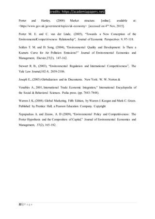 credits: https://academiapapers.net/
22 | P a g e
Porter and Hartley, (2008) Market structure. [online]. available at:
<https://www.gov.uk/government/topics/uk-economy> [accessed on 4th Nov, 2015].
Porter M. E. and C. van der Linde, (2005), “Towards a New Conception of the
EnvironmentalCompetitiveness Relationship”, Journal of Economic Perspectives 9, 97-118.
Selden T. M. and D. Song, (2004), “Environmental Quality and Development: Is There a
Kuznets Curve for Air Pollution Emissions?” Journal of Environmental Economics and
Management, Elsevier,27(2), 147-162.
Stewart R. B., (2003), “Environmental Regulation and International Competitiveness”, The
Yale Law Journal,102-8, 2039-2106.
Joseph E., (2003) Globalization and its Discontents. New York: W. W. Norton &
Venables A., 2001, International Trade: Economic Integration," International Encyclopedia of
the Social & Behavioral Sciences. Pedia press. (pp. 7843-7848).
Warren J. K, (2008). Global Marketing, Fifth Edition, by Warren J. Keegan and Mark C. Green.
Published by Prentice Hall, a Pearson Education Company. Copyright
Xepapadeas A. and Zeeuw, A. D (2009), “Environmental Policy and Competitiveness: The
Porter Hypothesis and the Composition of Capital,” Journal of Environmental Economics and
Management, 37(2), 165-182.
 