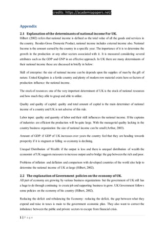 credits: https://academiapapers.net/
1 | P a g e
Appendix
2.1 Explanation of the determinants of national income For UK.
Hilbert (2002) refers that national income is defined as the total value of all the goods and services in
the country. Besides Gross Domestic Product, national income includes external income also. National
Income is the amount earned by the country in a specific year. The importance of it is to determine the
growth in the production or any other sectors associated with it. It is measured considering several
attributes such as the GDP and GNP in an effective approach. In UK there are many determinants of
their national income these are discussed in briefly in below:
Skill of enterprise: the size of national income can be depends upon the supplies of man by the gift of
nature. United Kingdom is a fertile country and plenty of modern row material exists here so factors of
production influence the national income.
The stock of resources: one of the very important determinant of UK is the stock of national resources
and how much they able to grasp and able to utilize.
Quality and quality of capital: quality and total amount of capital is the main determiner of national
income of a country and UK is not adverse of this rule.
Labor input: quality and quantity of labor and their skill influences the national income. If the captains
of industries are efficient the production will be quite large. With the managerial quality lacking in the
country business organization the size of national income can be small (Arthur, 2003).
Amount of GDP: if GDP of UK increases over years the country feel that they are heading towards
prosperity if it is stagnant or falling so economy is declining.
Unequal Distribution of Wealth: if the output is less and there is unequal distribution of wealth the
economist of UK suggests measures to increase output and to bridge the gap between the rich and poor.
Problems of inflation and deflation and comparison with developed countries of the world also help to
determine the national income of UK at large (Hilbert, 2002).
2.2 The explanation of Government policies on the economy of UK.
All part of economy are growing by various business organizations but the government of UK still has
a huge to do through continuing to create job and supporting business to grow. UK Government follows
some policies on the economy of his country (Hilbert, 2002).
Reducing the deficit and rebalancing the Economy: reducing the deficit, the gap between what they
expend and raise in taxes is main to the government economic plan. They also want to correct the
imbalance between the public and private sectors to escape from financial crisis.
 