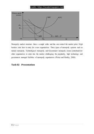 credits: https://academiapapers.net/
7 | P a g e
Monopoly market structure: there s a single seller and this one control the market price. High
barriers exist here to entry for a new organization. Three types of monopoly systems such as
natural monopoly, Technological monopoly, and Government monopoly create contraband for
other organization to enter into the market challenging the popularity, high technology and
government managed facilities of monopoly organization (Porter and Hartley, 2008).
Task 02 Presentation
 