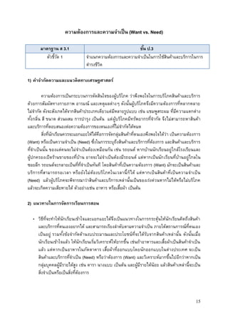 15
ความต้องการและความจาเป็น (Want vs. Need)
มาตรฐาน ส 3.1 ชั้น ป.3
ตัวชี้วัด 1 จาแนกความต้องการและความจาเป็นในการใช้สินค้าและบริการในการ
ดารงชีวิต
1) คาจากัดความและแนวคิดทางเศรษฐศาสตร์
ความต้องการเป็นกระบวนการตัดสินใจของผู้บริโภค ว่าพึงพอใจในการบริโภคสินค้าและบริการ
ด้วยการสัมผัสทางกายภาพ อารมณ์ และเหตุผลต่างๆ ดังนั้นผู้บริโภคจึงมีความต้องการที่หลากหลาย
ไม่จากัด ดังจะสังเกตได้จากสินค้าประเภทเดียวแต่มีหลายรูปแบบ เช่น แชมพูสระผม ที่มีความแตกต่าง
ทั้งกลิ่น สี ขนาด ส่วนผสม การบารุง เป็นต้น แต่ผู้บริโภคมีทรัพยากรที่จากัด จึงไม่สามารถหาสินค้า
และบริการที่ตอบสนองต่อความต้องการของตนเองที่ไม่จากัดได้หมด
สิ่งที่นักเรียนควรจะแยกแยะให้ได้คือการจัดกลุ่มสินค้าที่ตนเองพึงพอใจได้ว่า เป็นความต้องการ
(Want) หรือเป็นความจาเป็น (Need) ซึ่งในการระบุถึงสินค้าและบริการที่ต้องการ และสินค้าและบริการ
ที่จาเป็นนั้น ของแต่คนจะไม่จาเป็นต้องเหมือนกัน เช่น รถยนต์ หากบ้านนักเรียนอยู่ใกล้โรงเรียนและ
ผู้ปกครองเปิดร้านขายของที่บ้าน อาจจะไม่จาเป็นต้องมีรถยนต์ แต่หากเป็นนักเรียนที่บ้านอยู่ไกลใน
ซอยลึก รถยนต์จะกลายเป็นที่ที่จาเป็นทันที โดยสินค้าที่เป็นความต้องการ (Want) มักจะเป็นสินค้าและ
บริการที่สามารถรอเวลา หรือยังไม่ต้องบริโภคในเวลานี้ก็ได้ แต่หากเป็นสินค้าที่เป็นความจาเป็น
(Need) แล้วผู้บริโภคจะพิจารณาว่าสินค้าและบริการเหล่านั้นเป็นของเร่งด่วนหากไม่ได้หรือไม่บริโภค
แล้วจะเกิดความเสียหายได้ ตัวอย่างเช่น อาหาร หรือเสื้อผ้า เป็นต้น
2) แนวทางในการจัดการเรียนการสอน
• วิธีที่จะทาให้นักเรียนเข้าใจและแยกแยะได้จึงเป็นแนวทางในการกระตุ้นให้นักเรียนคิดถึงสินค้า
และบริการที่ตนเองอยากได้ และสามารถเรียงลาดับตามความจาเป็น ภายใต้สถานการณ์ที่ตนเอง
เป็นอยู่ รวมทั้งข้อจากัดด้านงบประมาณและประโยชน์ที่จะได้รับจากสินค้าเหล่านั้น ดังนั้นเมื่อ
นักเรียนเข้าใจแล้ว ให้นักเรียนเริ่มวิเคราะห์ให้ยากขึ้น เช่นถ้าอาหารและเสื้อผ้าเป็นสินค้าจาเป็น
แล้ว แต่หากเป็นอาหารในภัตตาคาร เสื้อผ้าที่ออกแบบโดยนักออกแบบในต่างประเทศ จะเป็น
สินค้าและบริการที่จาเป็น (Need) หรือว่าต้องการ (Want) และวิเคราะห์มากขึ้นไปอีกว่าหากเป็น
กลุ่มบุคคลผู้มีรายได้สูง เช่น ดารา นางแบบ เป็นต้น และผู้มีรายได้น้อย แล้วสินค้าเหล่านี้จะเป็น
สิ่งจาเป็นหรือเป็นสิ่งที่ต้องการ
 