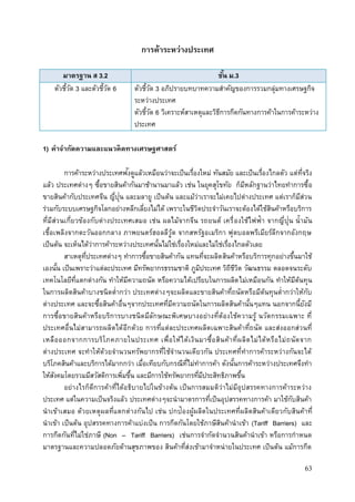 63
การค้าระหว่างประเทศ
มาตรฐาน ส 3.2 ชั้น ม.3
ตัวชี้วัด 3 และตัวชี้วัด 6 ตัวชี้วัด 3 อภิปรายบทบาทความสาคัญของการรวมกลุ่มทางเศรษฐกิจ
ระหว่างประเทศ
ตัวชี้วัด 6 วิเคราะห์สาเหตุและวิธีการกีดกันทางการค้าในการค้าระหว่าง
ประเทศ
1) คาจากัดความและแนวคิดทางเศรษฐศาสตร์
การค้าระหว่างประเทศฟังดูแล้วเหมือนว่าจะเป็นเรื่องใหม่ ทันสมัย และเป็นเรื่องไกลตัว แต่ที่จริง
แล้ว ประเทศต่างๆ ซื้อขายสินค้ากันมาช้านานมาแล้ว เช่น ในยุคสุโขทัย ก็มีหลักฐานว่าไทยทาการซื้อ
ขายสินค้ากับประเทศจีน ญี่ปุ่น และมลายู เป็นต้น และแม้ว่าเราจะไม่เคยไปต่างประเทศ แต่เราก็มีส่วน
ร่วมกับระบบเศรษฐกิจโลกอย่างหลีกเลี่ยงไม่ได้ เพราะในชีวิตประจาวันเราจะต้องได้ใช้สินค้าหรือบริการ
ที่มีส่วนเกี่ยวข้องกับต่างประเทศเสมอ เช่น ผลไม้จากจีน รถยนต์ เครื่องใช้ไฟฟ้า จากญี่ปุ่น น้ามัน
เชื้อเพลิงจากตะวันออกกลาง ภาพยนตร์ฮอลลีวู้ด จากสหรัฐอเมริกา ฟุตบอลพรีเมียร์ลีกจากอังกฤษ
เป็นต้น จะเห็นได้ว่าการค้าระหว่างประเทศนั้นไม่ใช่เรื่องใหม่และไม่ใช่เรื่องไกลตัวเลย
สาเหตุที่ประเทศต่างๆ ทาการซื้อขายสินค้ากัน แทนที่จะผลิตสินค้าหรือบริการทุกอย่างขึ้นมาใช้
เองนั้น เป็นเพราะว่าแต่ละประเทศ มีทรัพยากรธรรมชาติ ภูมิประเทศ วิถีชีวิต วัฒนธรรม ตลอดจนระดับ
เทคโนโลยีที่แตกต่างกัน ทาให้มีความถนัด หรือความได้เปรียบในการผลิตไม่เหมือนกัน ทาให้มีต้นทุน
ในการผลิตสินค้าบางชนิดต่ากว่า ประเทศต่างๆจะผลิตและขายสินค้าที่ถนัดหรือมีต้นทุนต่ากว่าให้กับ
ต่างประเทศ และจะซื้อสินค้าอื่นๆจากประเทศที่มีความถนัดในการผลิตสินค้านั้นๆแทน นอกจากนี้ยังมี
การซื้อขายสินค้าหรือบริการบางชนิดมีลักษณะพิเศษบางอย่างที่ต้องใช้ความรู้ นวัตกรรมเฉพาะ ที่
ประเทศอื่นไม่สามารถผลิตได้อีกด้วย การที่แต่ละประเทศผลิตเฉพาะสินค้าที่ถนัด และส่งออกส่วนที่
เหลือออกจากการบริโภคภายในประเทศ เพื่อให้ได้เงินมาซื้อสินค้าที่ผลิตไม่ได้หรือไม่ถนัดจาก
ต่างประเทศ จะทาให้ด้วยจานวนทรัพยากรที่ใช้จานวนเดียวกัน ประเทศที่ทาการค้าระหว่างกันจะได้
บริโภคสินค้าและบริการได้มากกว่า เมื่อเทียบกับกรณีที่ไม่ทาการค้า ดังนั้นการค้าระหว่างประเทศจึงทา
ให้สังคมโดยรวมมีสวัสดิการเพิ่มขึ้น และมีการใช้ทรัพยากรที่มีประสิทธิภาพขึ้น
อย่างไรก็ดีการค้าที่ได้อธิบายไปในข้างต้น เป็นการสมมติว่าไม่มีอุปสรรคทางการค้าระหว่าง
ประเทศ แต่ในความเป็นจริงแล้ว ประเทศต่างๆจะนามาตรการที่เป็นอุปสรรคทางการค้า มาใช้กับสินค้า
นาเข้าเสมอ ด้วยเหตุผลที่แตกต่างกันไป เช่น ปกป้องผู้ผลิตในประเทศที่ผลิตสินค้าเดียวกับสินค้าที่
นาเข้า เป็นต้น อุปสรรคทางการค้าแบ่งเป็น การกีดกันโดยใช้ภาษีสินค้านาเข้า (Tariff Barriers) และ
การกีดกันที่ไม่ใช่ภาษี (Non – Tariff Barriers) เช่นการจากัดจานวนสินค้านาเข้า หรือการกาหนด
มาตรฐานและความปลอดภัยด้านสุขภาพของ สินค้าที่ส่งเข้ามาจาหน่ายในประเทศ เป็นต้น แม้การกีด
 